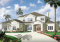 Vue avant - MODÈLE DE BASE - Plan de maison style Floride, 6 chambres, 5 salles de bain, 2 salons, foyer, grande cuisine, garage 3 voitures - Ozalé