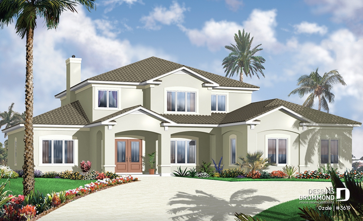 Vue avant - MODÈLE DE BASE - Plan de maison style Floride, 6 chambres, 5 salles de bain, 2 salons, foyer, grande cuisine, garage 3 voitures - Ozalé