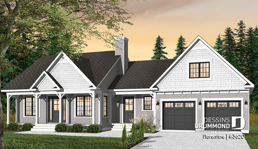 Version couleur no. 2 - Vue avant - Plan de maison plain-pied, 3 chambres, garage double, espace ouvert, vestiaire - Florentine