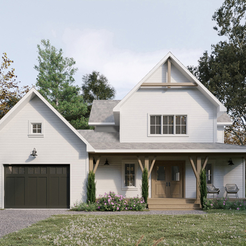 Alternative - Plan de maison champêtre lumineuse avec plafond cathédrale, suite parentale et accents rustiques. - Oaks