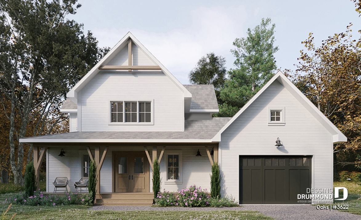 Alternative - Plan de maison champêtre lumineuse avec plafond cathédrale, suite parentale et accents rustiques. - Oaks