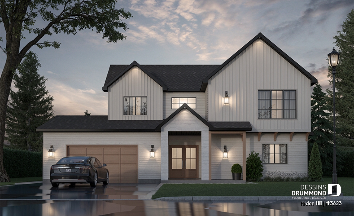 Vue avant - MODÈLE DE BASE - Farmhouse moderne à étage avec garage double, 3 chambres, superbe lumière naturelle à la salle de séjour - Hiden Hill