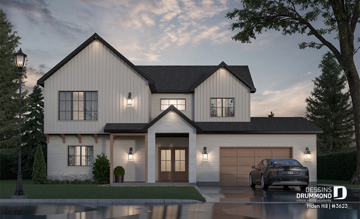 Vue avant - MODÈLE DE BASE - Farmhouse moderne à étage avec garage double, 3 chambres, superbe lumière naturelle à la salle de séjour - Hiden Hill