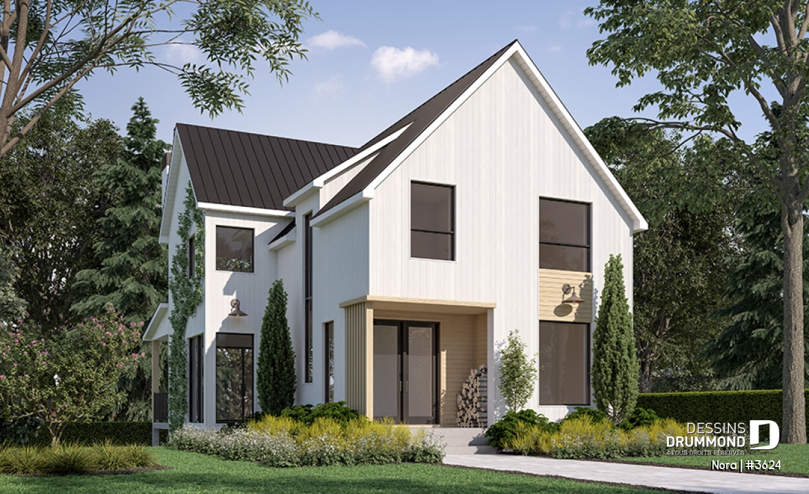 Vue avant - MODÈLE DE BASE - Modèle de maison scandinave lumineuse avec foyer, plafond cathédrale et possibilité de 6 chambres - Nora