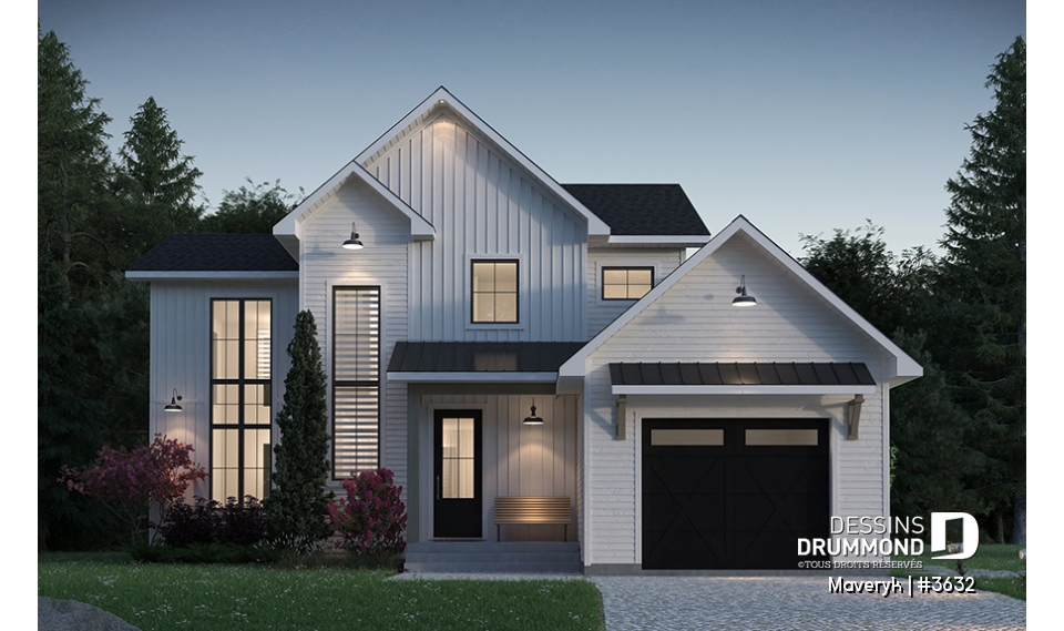 Vue avant - MODÈLE DE BASE -  Accueillante maison Farmhouse moderne avec plafond cathédrale et ambiance lumineuse et chaleureuse - Maveryk