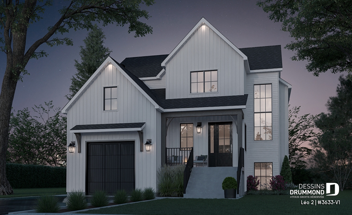 Vue avant - MODÈLE DE BASE - Magnifique farmhouse compacte 4 chambres avec garage, bureau séparé de la maison - Léo 2