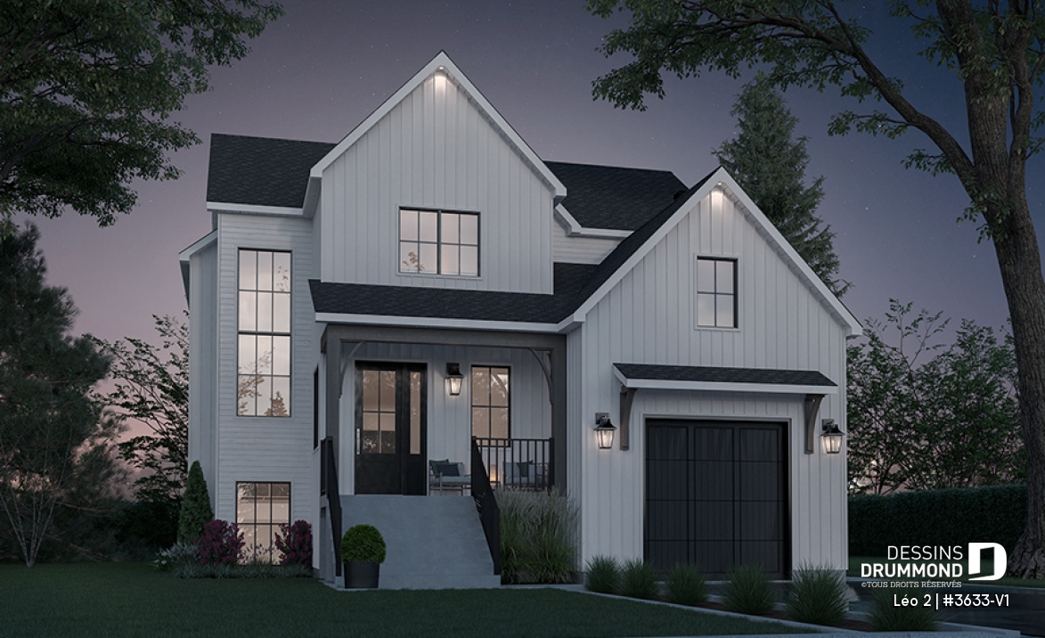 Vue avant - MODÈLE DE BASE - Magnifique farmhouse compacte 4 chambres avec garage, bureau séparé de la maison - Léo 2