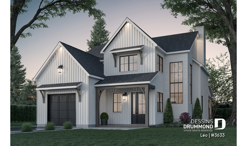 Vue avant - MODÈLE DE BASE - Farmhouse 3 chambres avec garage, vestiaire, garde-manger et bureau - Léo
