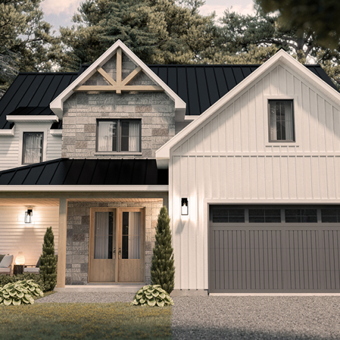 Vue avant - MODÈLE DE BASE - Modèle Maison de Ferme (Farmhouse) proposant 3 chambres, 2.5 s.de bain, garage avec établi, terrasse abritée - Charlie