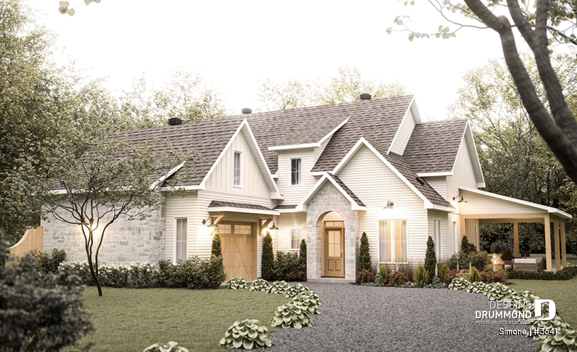 Vue avant - MODÈLE DE BASE - Maison de style campagne française en forme de L, pas de sous-sol, 3 à 4 chambres, 2 salles familiales - Simone