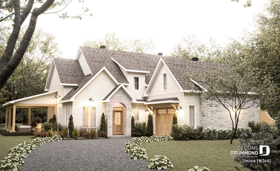 Vue avant - MODÈLE DE BASE - Maison de style campagne française en forme de L, pas de sous-sol, 3 à 4 chambres, 2 salles familiales - Simone