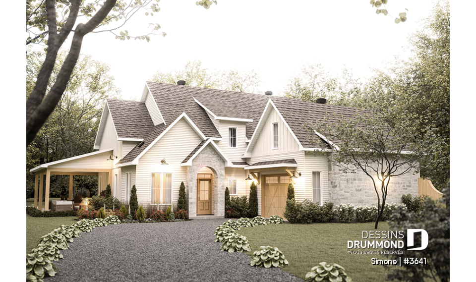 Vue avant - MODÈLE DE BASE - Maison de style campagne française en forme de L, pas de sous-sol, 3 à 4 chambres, 2 salles familiales - Simone