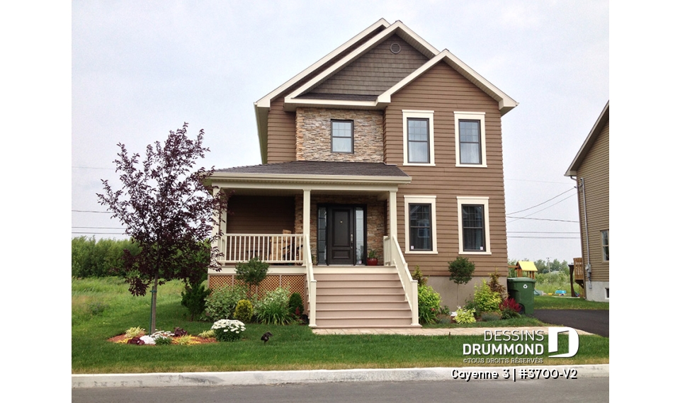 Vue avant - MODÈLE DE BASE - Plan de maison style transitionnel, 3 chambres, grand vestibule fermé, buanderie au rez-de-chaussée - Cayenne 3