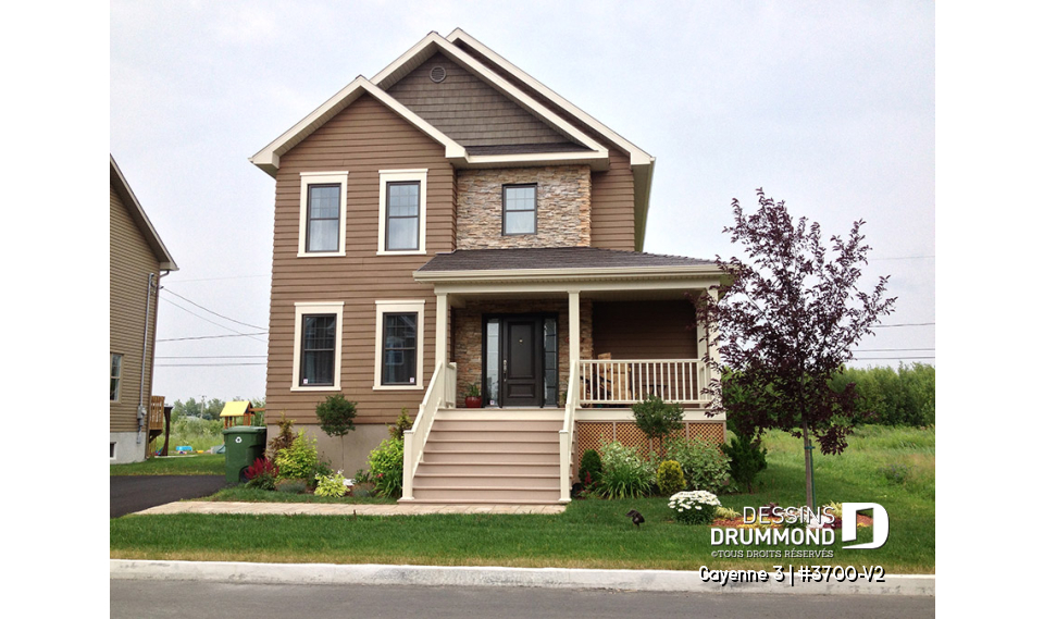 Vue avant - MODÈLE DE BASE - Plan de maison style transitionnel, 3 chambres, grand vestibule fermé, buanderie au rez-de-chaussée - Cayenne 3