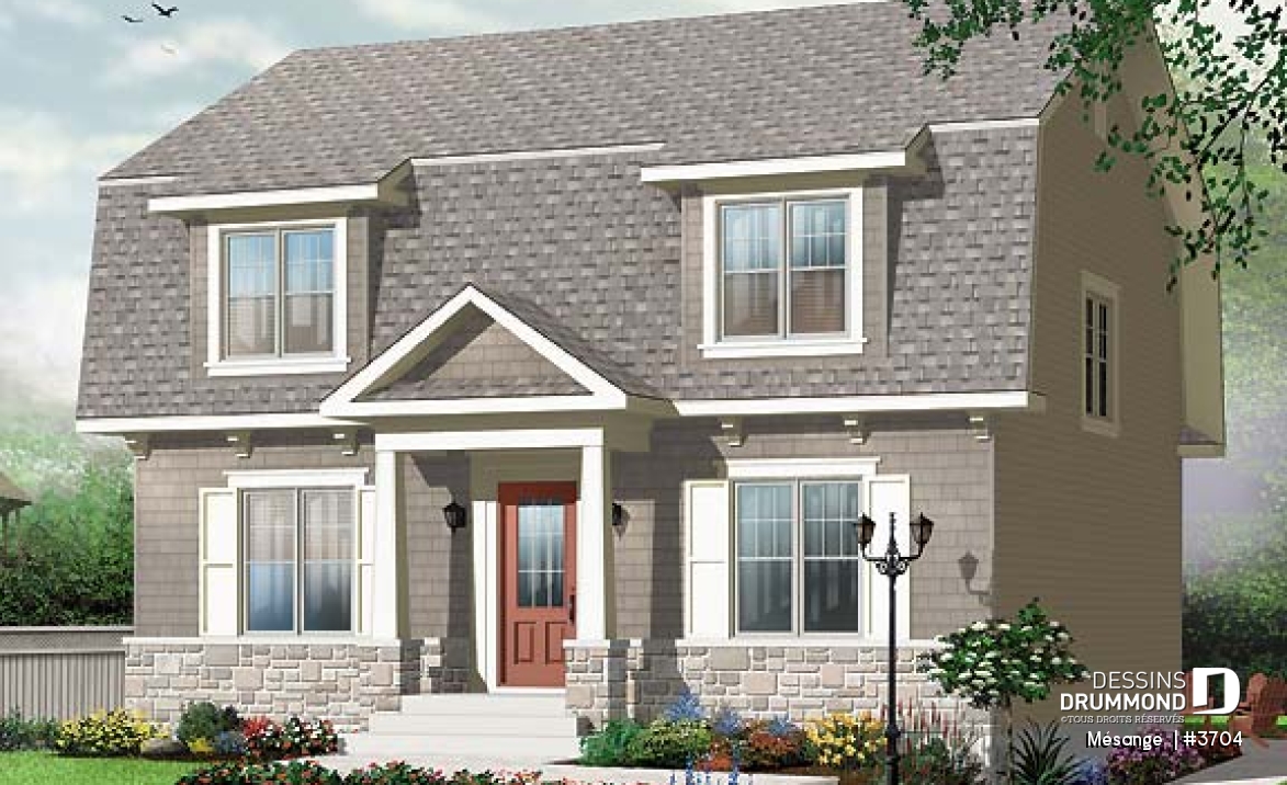 Vue avant - MODÈLE DE BASE - Plan de maison avec 4 chambres, bureau, style Cape Cod, belle galerie avant - Mésange 