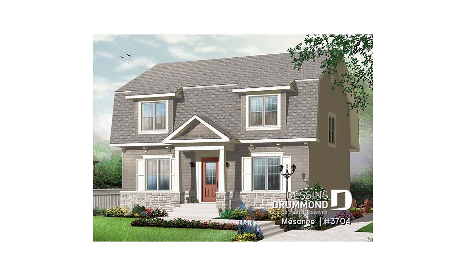 Vue avant - MODÈLE DE BASE - Plan de maison avec 4 chambres, bureau, style Cape Cod, belle galerie avant - Mésange 