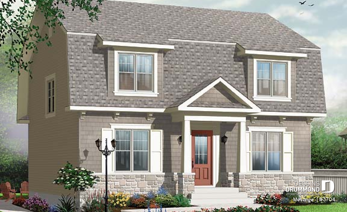Vue avant - MODÈLE DE BASE - Plan de maison avec 4 chambres, bureau, style Cape Cod, belle galerie avant - Mésange 
