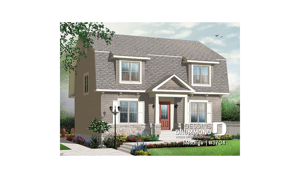 Vue avant - MODÈLE DE BASE - Plan de maison avec 4 chambres, bureau, style Cape Cod, belle galerie avant - Mésange 