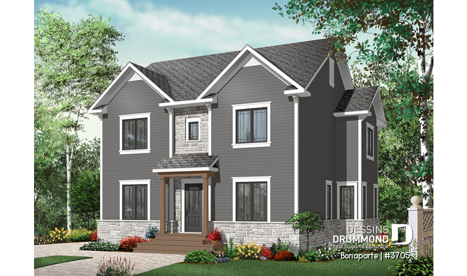Vue avant - MODÈLE DE BASE - Maison spacieuse de 4 chambres avec bureau à domicile, 2,5 salles de bain, îlot à la cuisine, walk-in étage - Bonaparte
