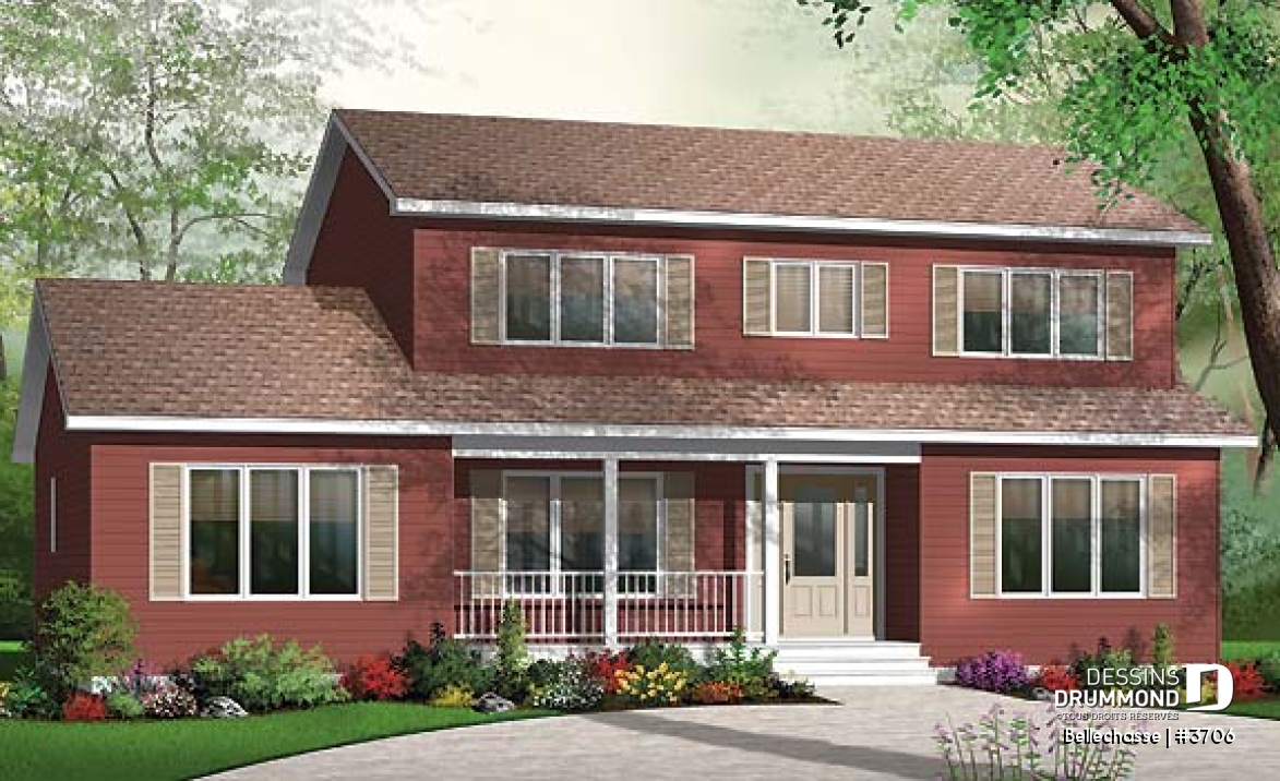 Vue avant - MODÈLE DE BASE - Maison de style américaine abordable pour son format, 4 chambres, 2 étages, 2 salles séjours - Bellechasse