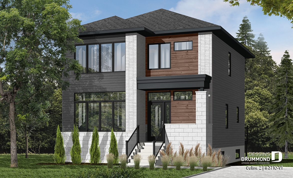 Vue avant - MODÈLE DE BASE - Plan maison moderne 3 chambres, grand vestibule, salle de lavage au rez-de chaussé, walk-in chambre parents - Collins 2