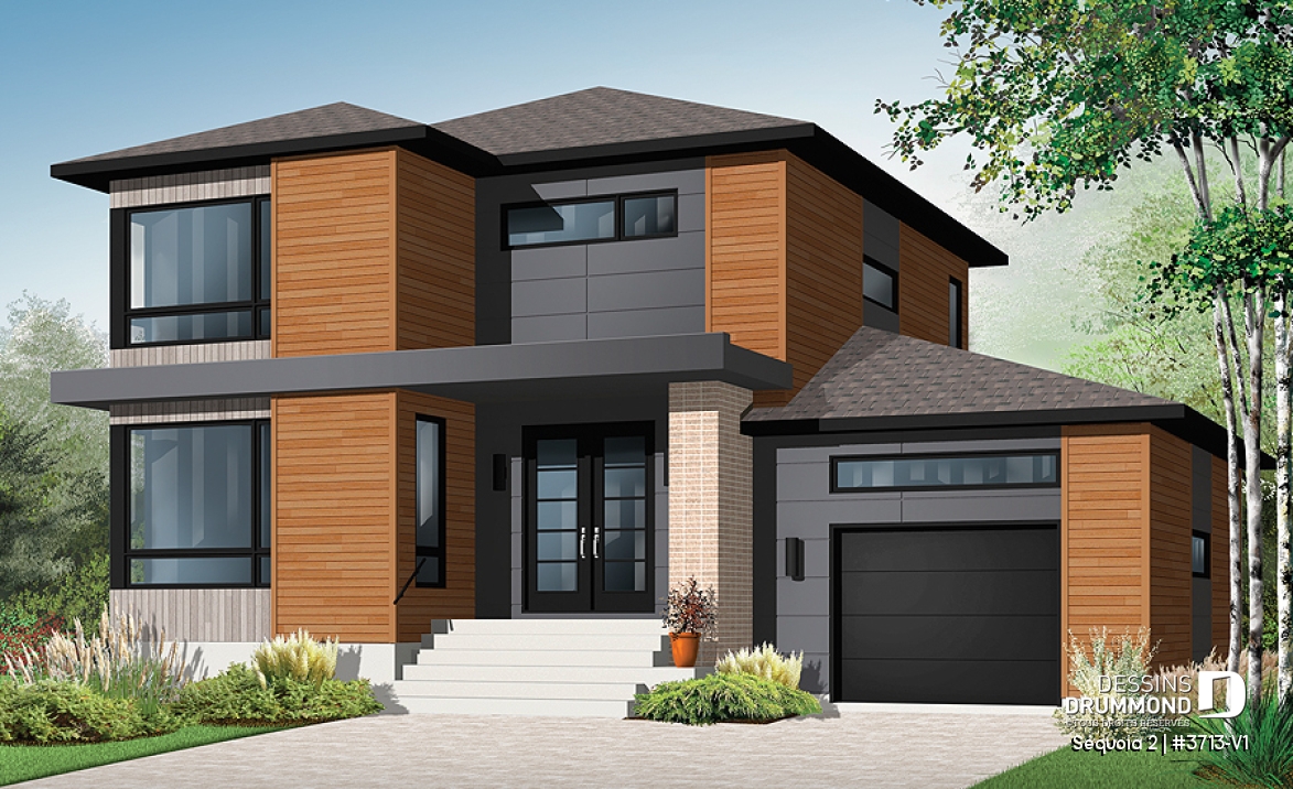 Vue avant - MODÈLE DE BASE - Plan de maison moderne à étage, 3 chambres, garage, salle familiale + salon, plafond 9', buanderie à l'étage - Séquoia 2