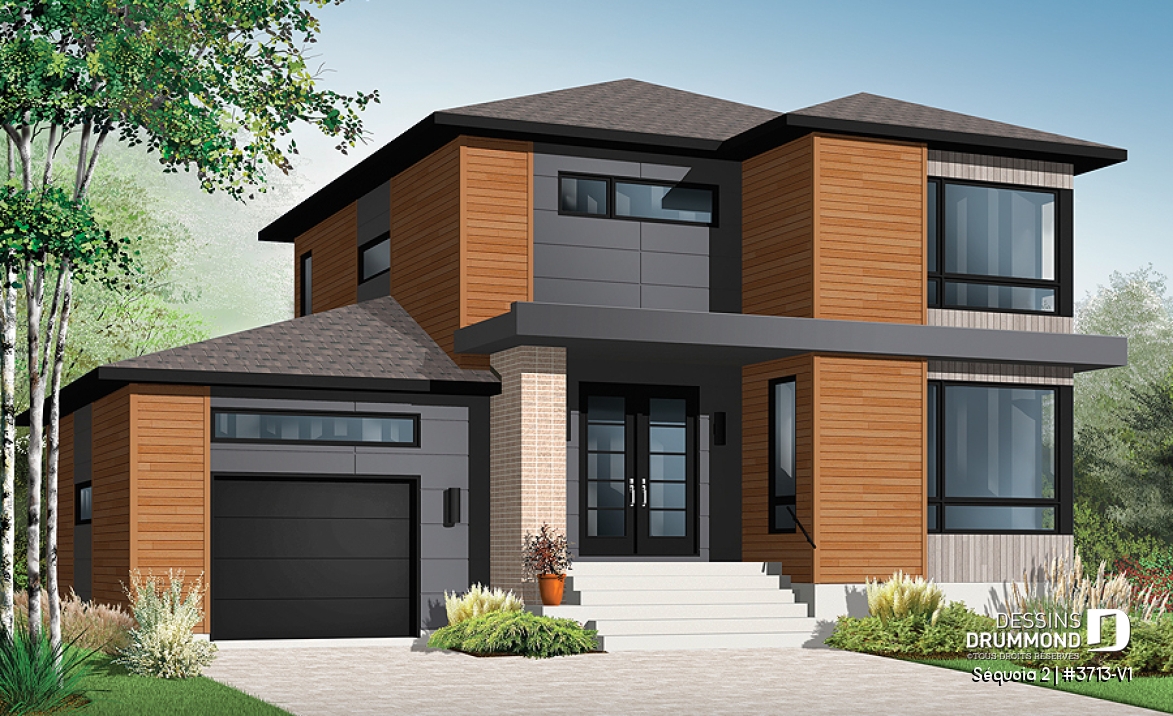Vue avant - MODÈLE DE BASE - Plan de maison moderne à étage, 3 chambres, garage, salle familiale + salon, plafond 9', buanderie à l'étage - Séquoia 2