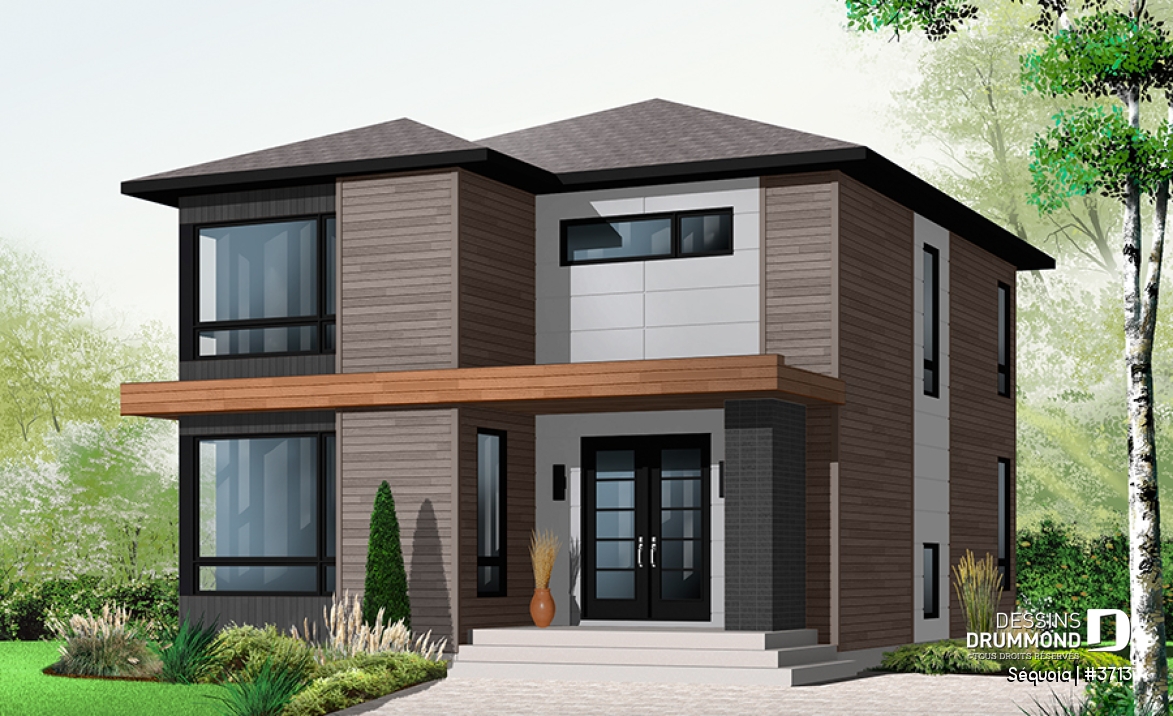 Vue avant - MODÈLE DE BASE - Plan maison moderne 3 chambres, salon + salle familiale, plafond à 9', foyer, grande douche et walk-in - Séquoia