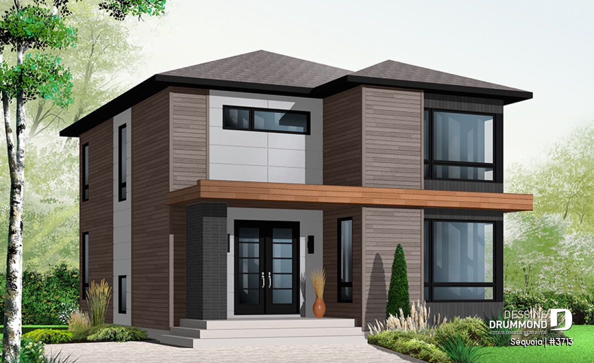 Vue avant - MODÈLE DE BASE - Plan maison moderne 3 chambres, salon + salle familiale, plafond à 9', foyer, grande douche et walk-in - Séquoia