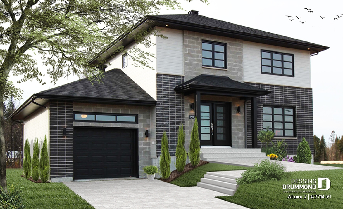 Vue avant - MODÈLE DE BASE - Plan de cottage contemporain avec garage, 3 chambres, grande cuisine, foyer, buanderie au r-d-c - Altaire 2