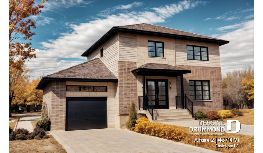 Vue avant - MODÈLE DE BASE - Plan de cottage contemporain avec garage, 3 chambres, grande cuisine, foyer, buanderie au r-d-c - Altaire 2