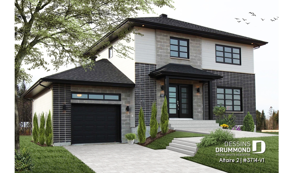 Vue avant - MODÈLE DE BASE - Plan de cottage contemporain avec garage, 3 chambres, grande cuisine, foyer, buanderie au r-d-c - Altaire 2