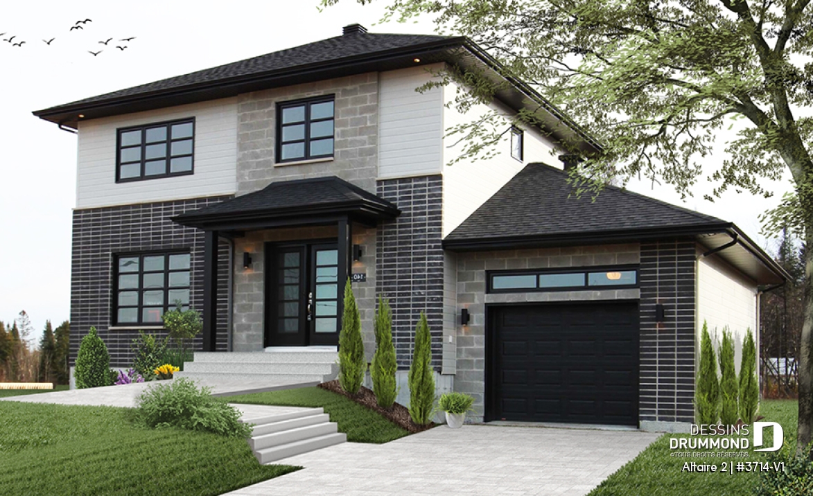 Vue avant - MODÈLE DE BASE - Plan de cottage contemporain avec garage, 3 chambres, grande cuisine, foyer, buanderie au r-d-c - Altaire 2