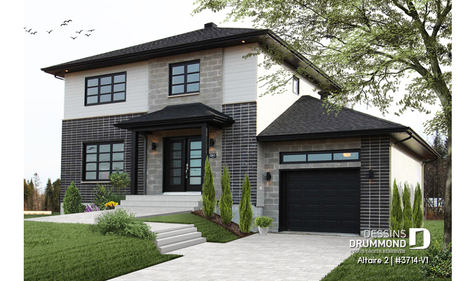 Vue avant - MODÈLE DE BASE - Plan de cottage contemporain avec garage, 3 chambres, grande cuisine, foyer, buanderie au r-d-c - Altaire 2