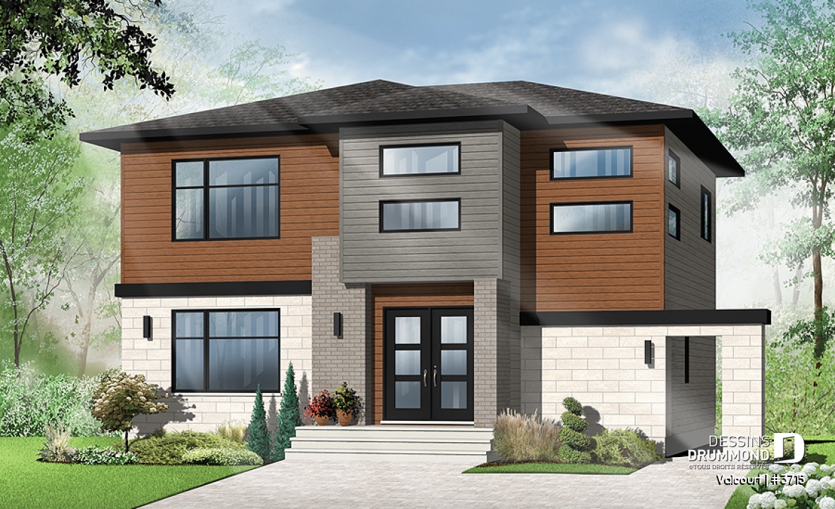 Vue avant - MODÈLE DE BASE - Plan de maison moderne 3 chambres, grande cuisine, garde-manger, buanderie au premier, walk-in - Valcourt