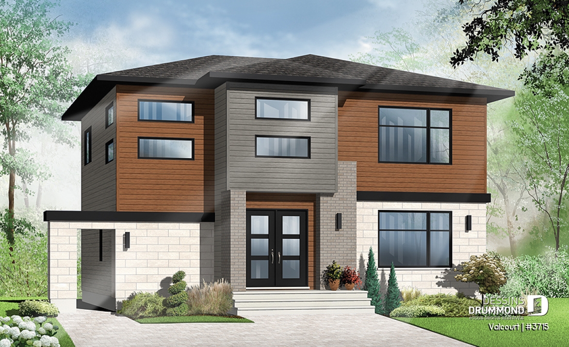 Vue avant - MODÈLE DE BASE - Plan de maison moderne 3 chambres, grande cuisine, garde-manger, buanderie au premier, walk-in - Valcourt