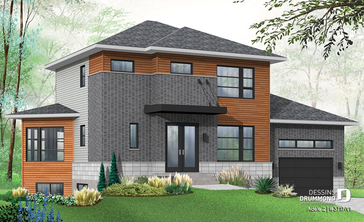 Vue avant - MODÈLE DE BASE - Plan de maison contemporaine avec appartement au sous-sol, 3 chambres au propriétaire, plafond 9', garage - Adèle 2