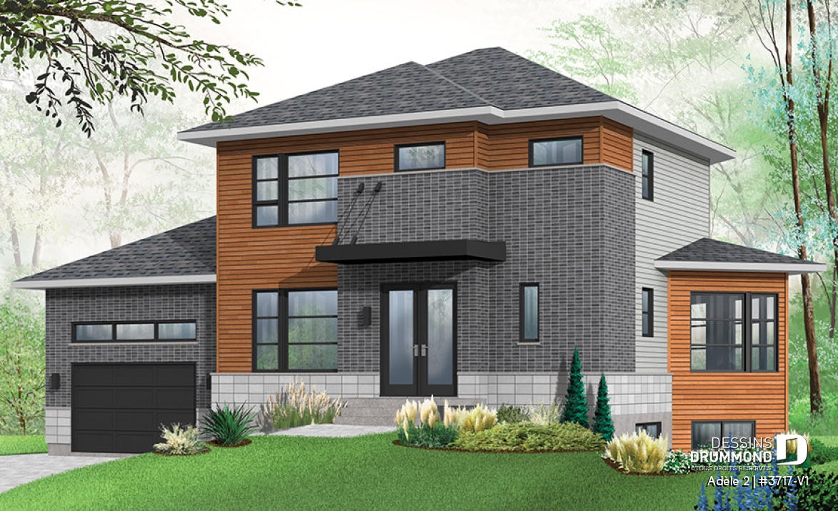 Vue avant - MODÈLE DE BASE - Plan de maison contemporaine avec appartement au sous-sol, 3 chambres au propriétaire, plafond 9', garage - Adèle 2
