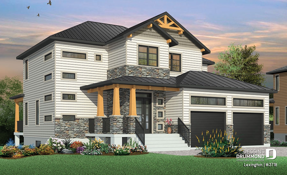 Vue avant - MODÈLE DE BASE - Plan de maison moderne rustique, garage double, 4 chambres, aire ouverte, foyer, terrasse abritée - Lexington