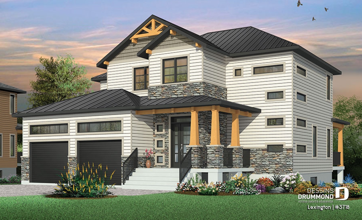 Vue avant - MODÈLE DE BASE - Plan de maison moderne rustique, garage double, 4 chambres, aire ouverte, foyer, terrasse abritée - Lexington