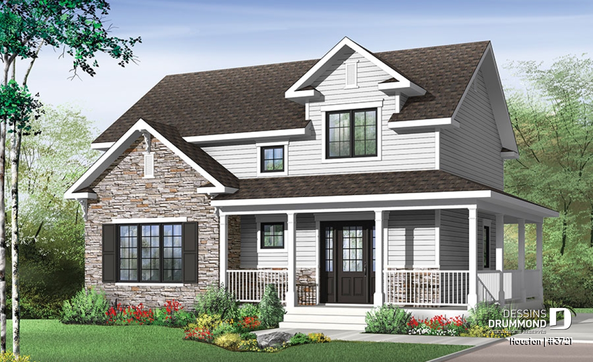 Vue avant - MODÈLE DE BASE - Plan de maison style transitionnel, grand vestibule, buanderie, grand îlot, 3 chambres, galerie 2 faces - Houston