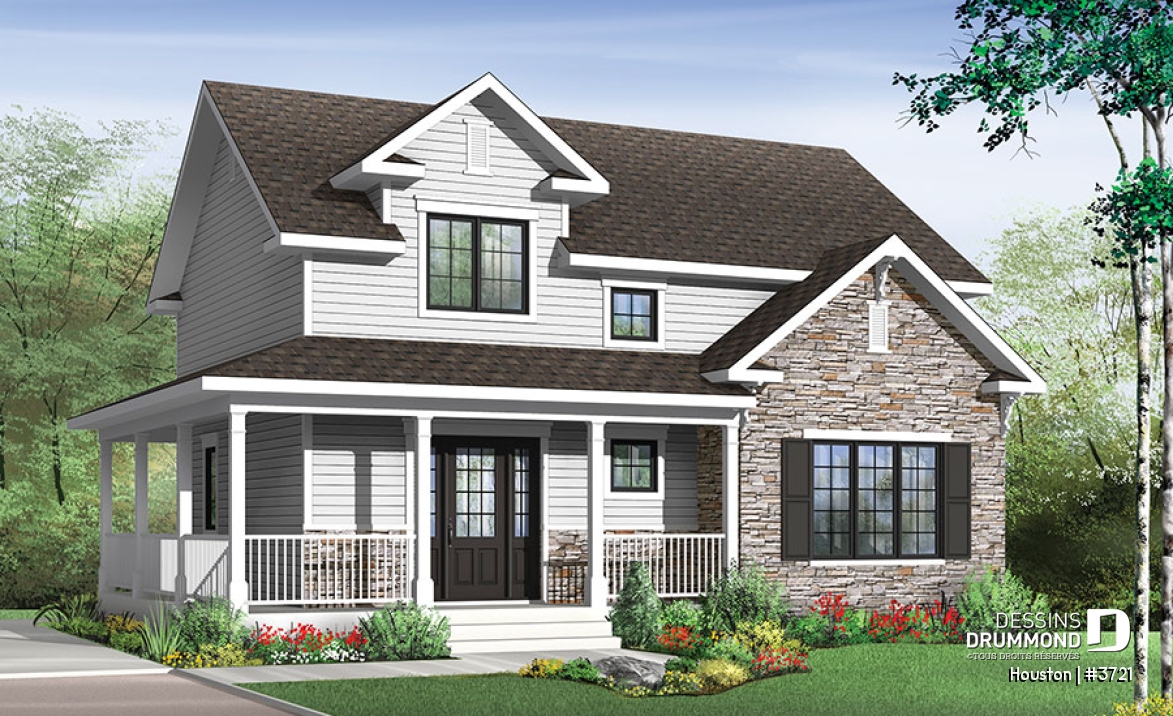 Vue avant - MODÈLE DE BASE - Plan de maison style transitionnel, grand vestibule, buanderie, grand îlot, 3 chambres, galerie 2 faces - Houston