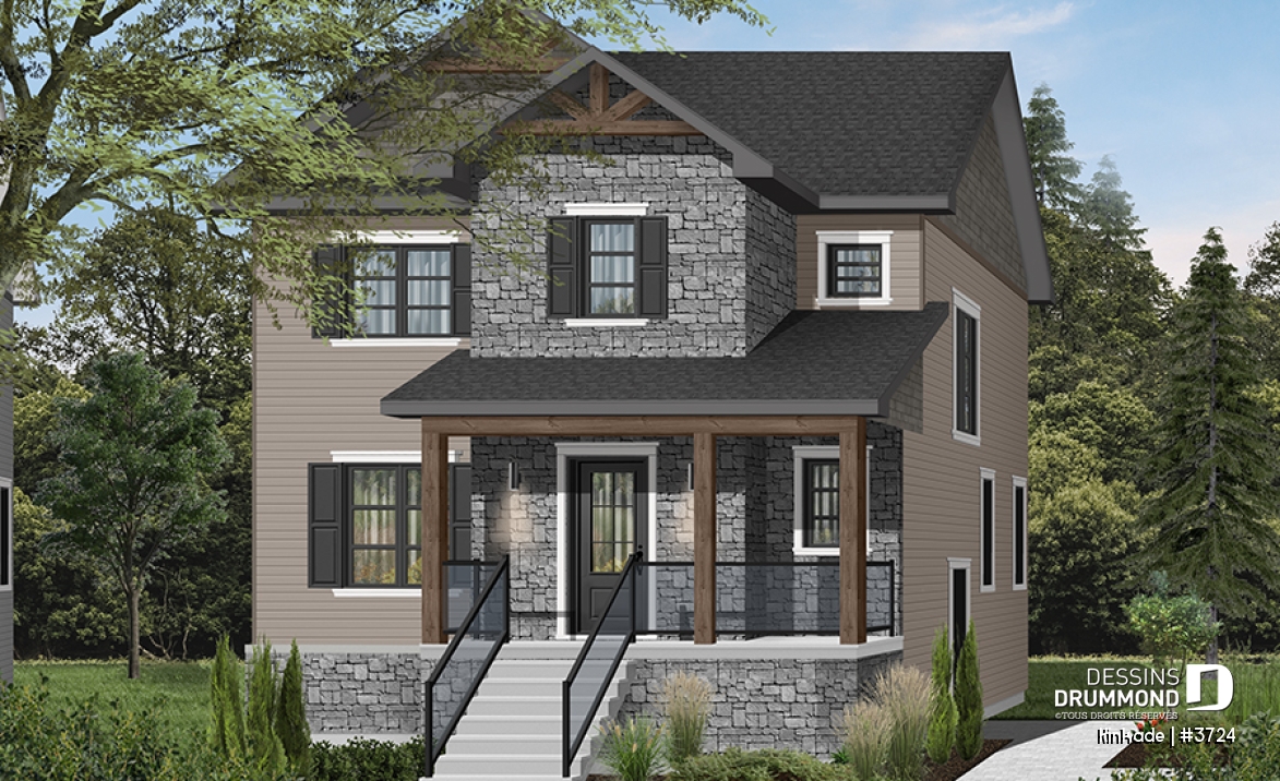 Vue avant - MODÈLE DE BASE - Maison style moderne rustique tendance, plancher à aire ouverte, 3 chambres, grande salle de bain, buanderie - Kinkade