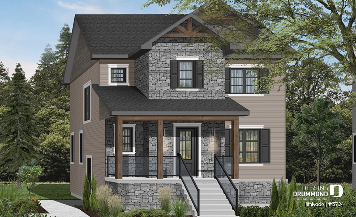 Vue avant - MODÈLE DE BASE - Maison style moderne rustique tendance, plancher à aire ouverte, 3 chambres, grande salle de bain, buanderie - Kinkade