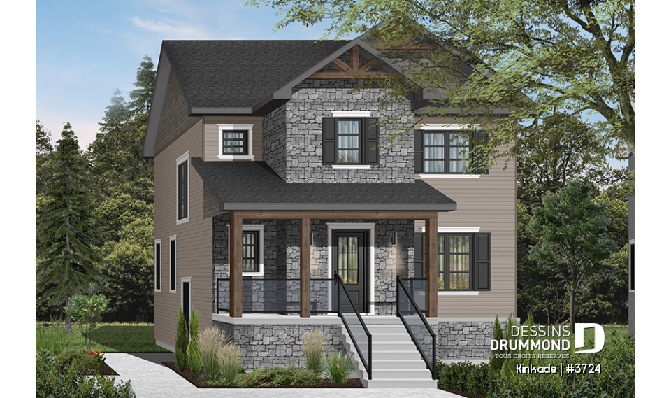 Vue avant - MODÈLE DE BASE - Maison style moderne rustique tendance, plancher à aire ouverte, 3 chambres, grande salle de bain, buanderie - Kinkade