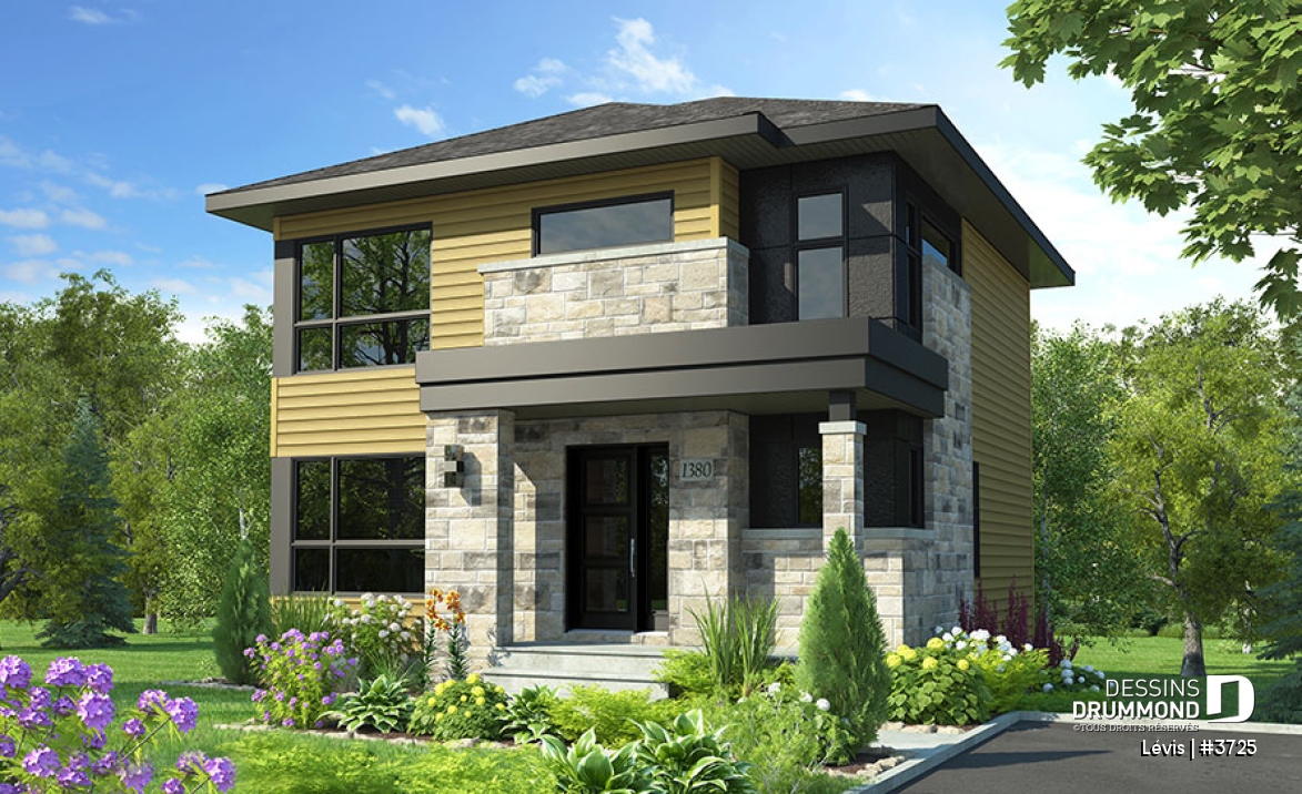 Vue avant - MODÈLE DE BASE - Plan à étage de style moderne, 3 chambres, walk-in, foyer, buanderie, îlot et garde-manger - Lévis