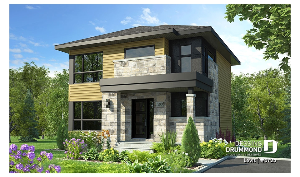 Vue avant - MODÈLE DE BASE - Plan à étage de style moderne, 3 chambres, walk-in, foyer, buanderie, îlot et garde-manger - Lévis