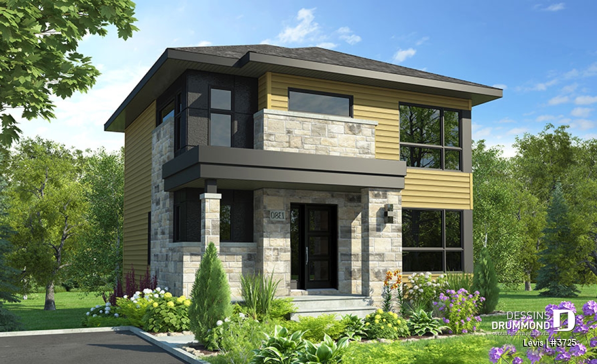 Vue avant - MODÈLE DE BASE - Plan à étage de style moderne, 3 chambres, walk-in, foyer, buanderie, îlot et garde-manger - Lévis