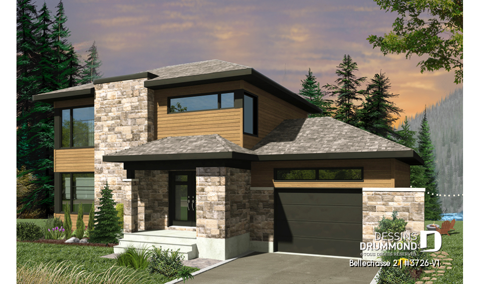 Vue avant - MODÈLE DE BASE - Maison contemporaine 3-4 chambres, garage, plancher spacieux, cuisine, garde-manger et îlot, sous-sol aménagé - Bellechasse 2