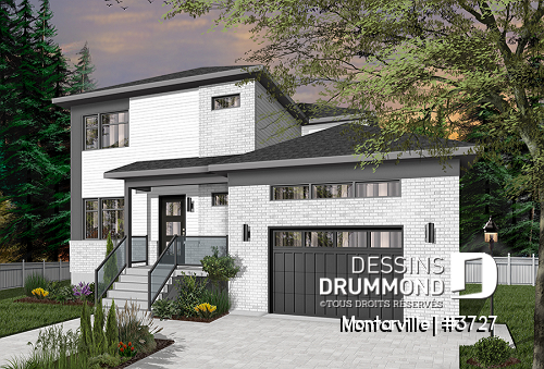 Version couleur no. 2 - Vue avant - Plan de maison moderne à étage avec garage, 3 chambres + bureau, garde-manger, îlot - Montarville